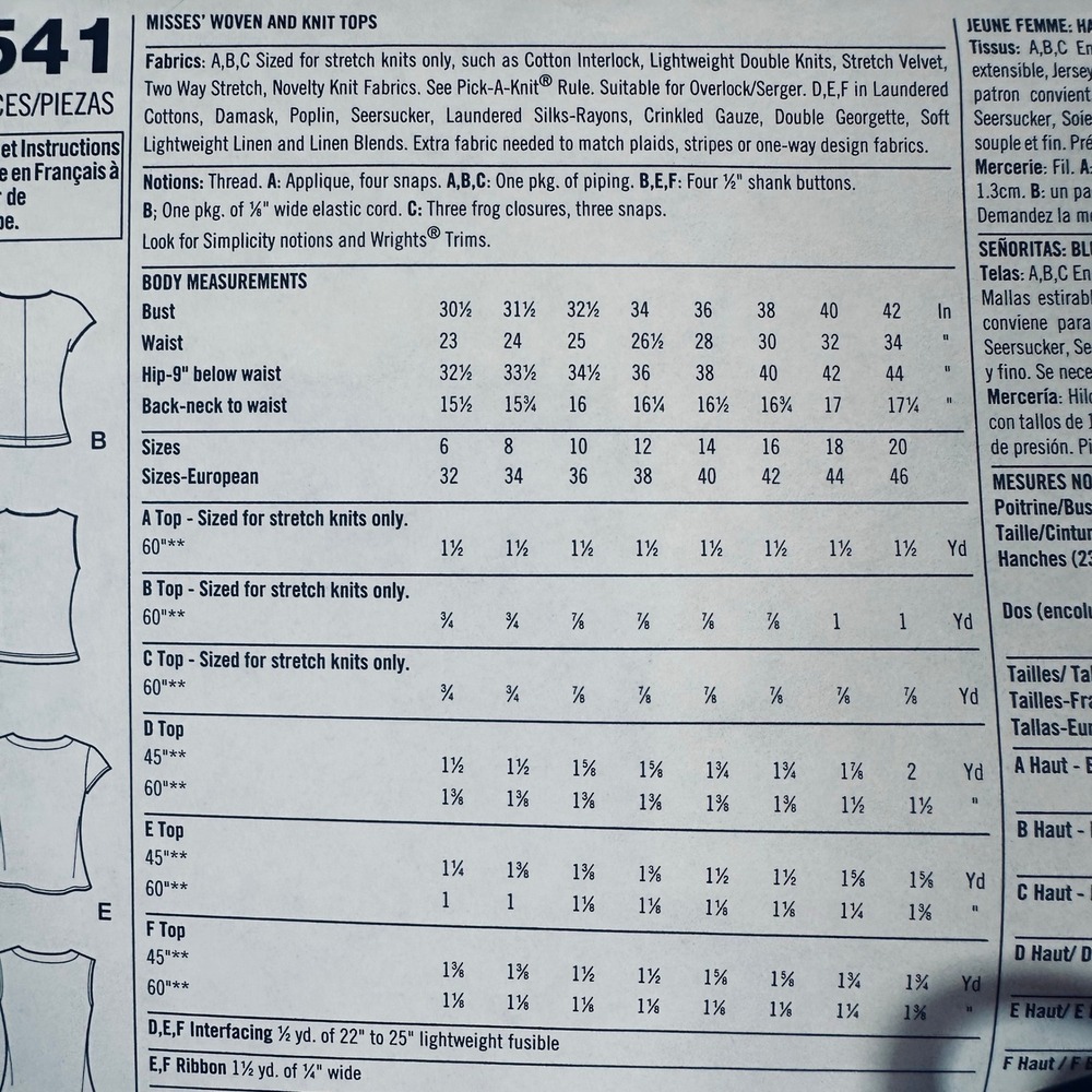 Simplicity 4541 Sewing Pattern Misses Tops Size RR 14-20 Uncut Factory Folded - Picture 5 of 7